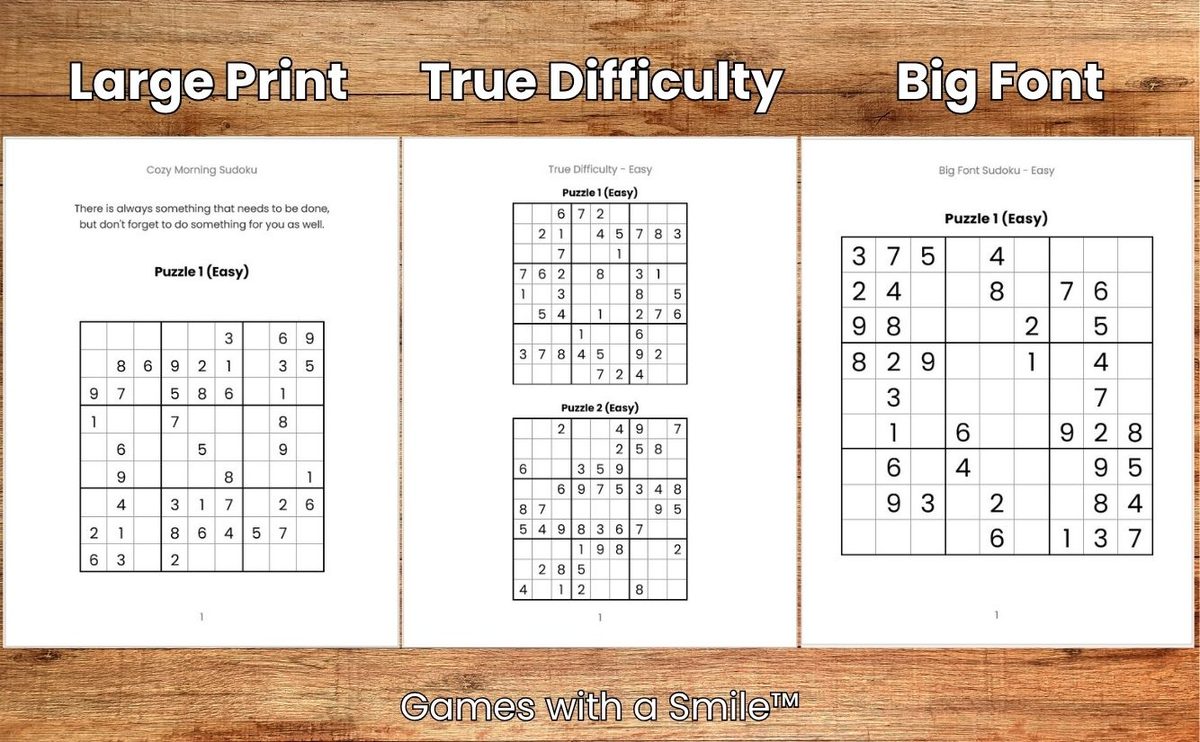 Side-by-side comparison of Large Print, True Difficulty, and 40-point Big Font sudoku pages