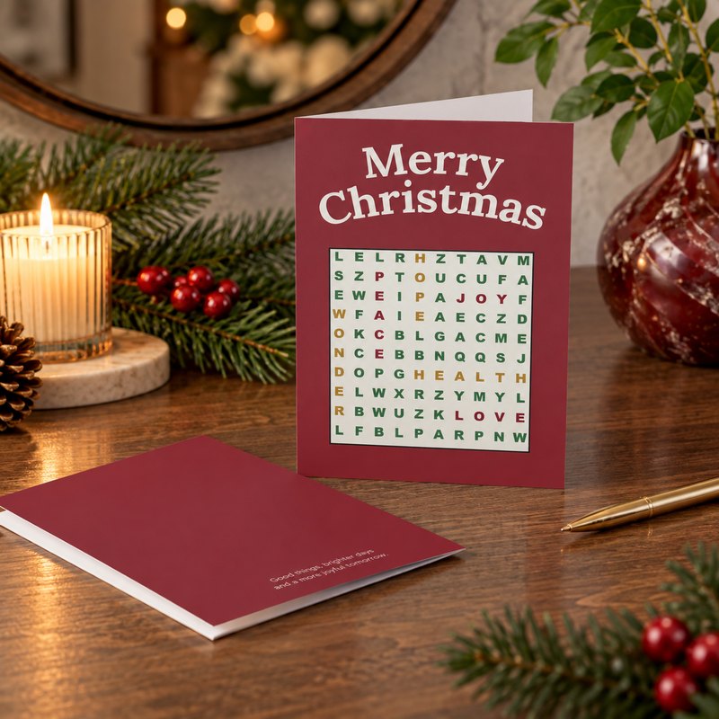 Merry Christmas word search greeting card with a red cover and a solvable puzzle grid