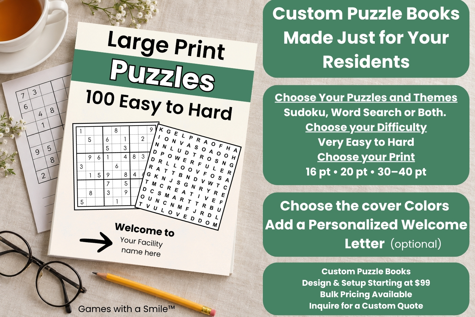 Custom large print puzzle book for senior living communities, with the facility name on the cover, a choice of sudoku and word search themes, difficulty levels and print sizes