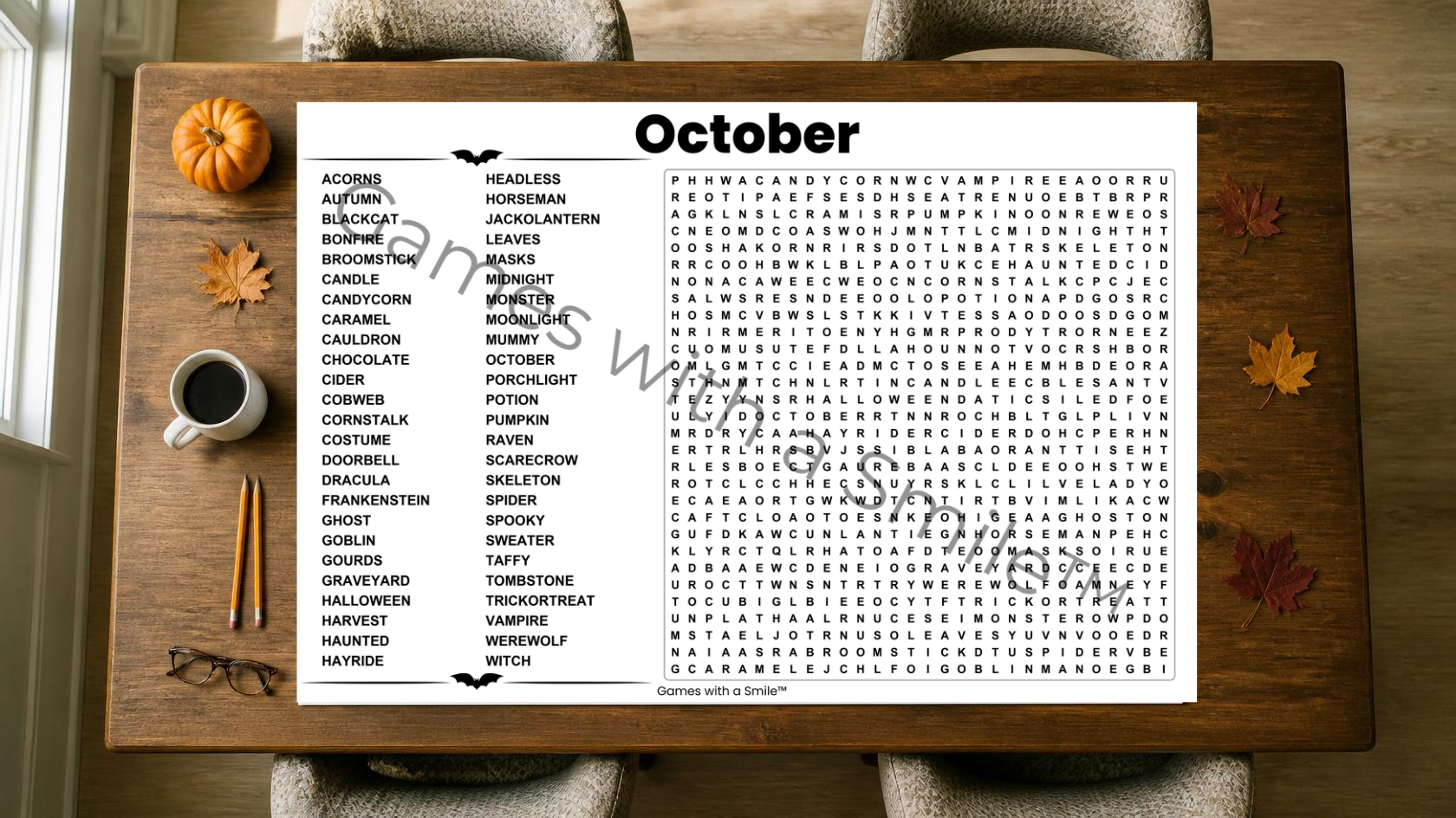 October group word search poster laid flat on a table