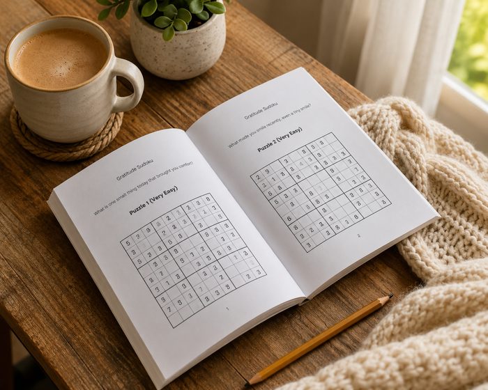 Inside a Sudoku with a Smile book showing large print puzzles with gratitude prompts