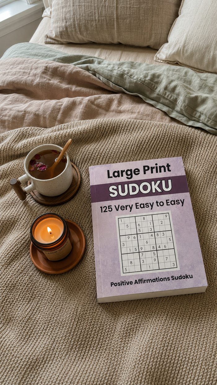 Positive Affirmations Sudoku book on bed with candle