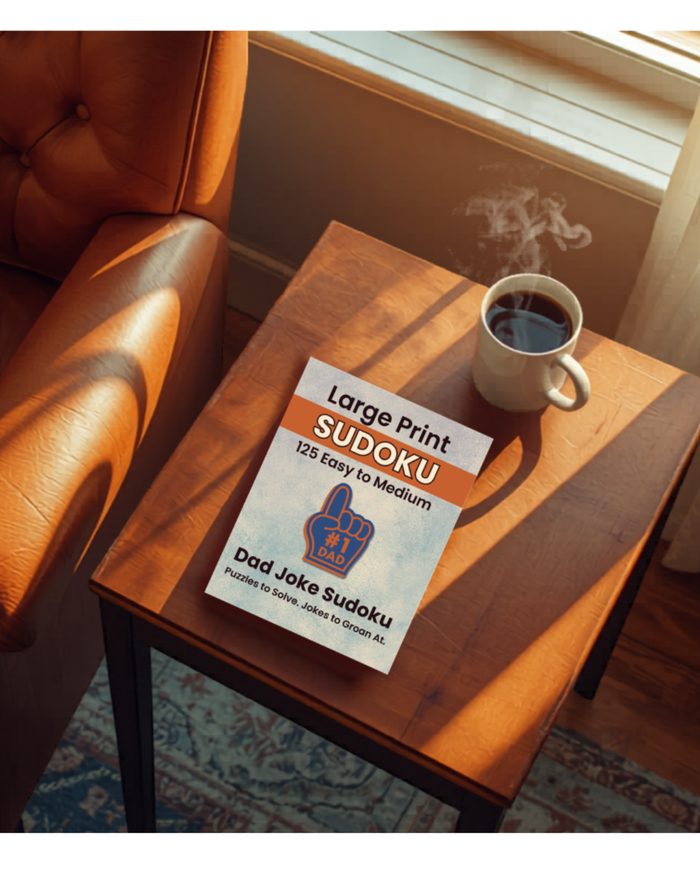 Dad Joke Sudoku book with coffee on side table