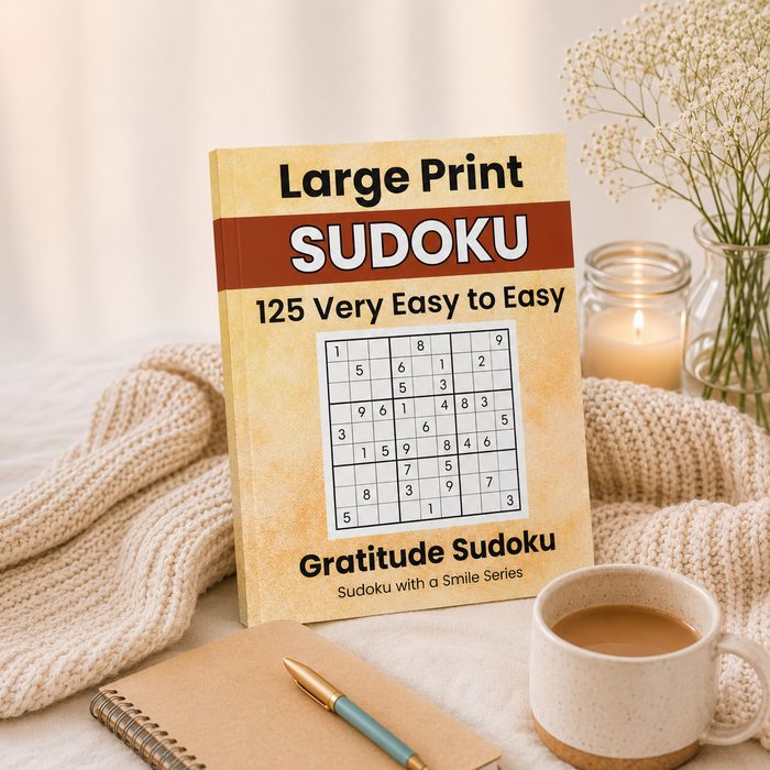 Gratitude Sudoku book with coffee and flowers