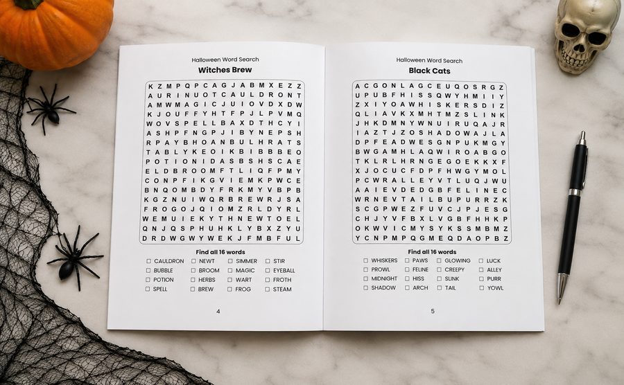 Halloween Word Search open to Witches Brew and Black Cats puzzles