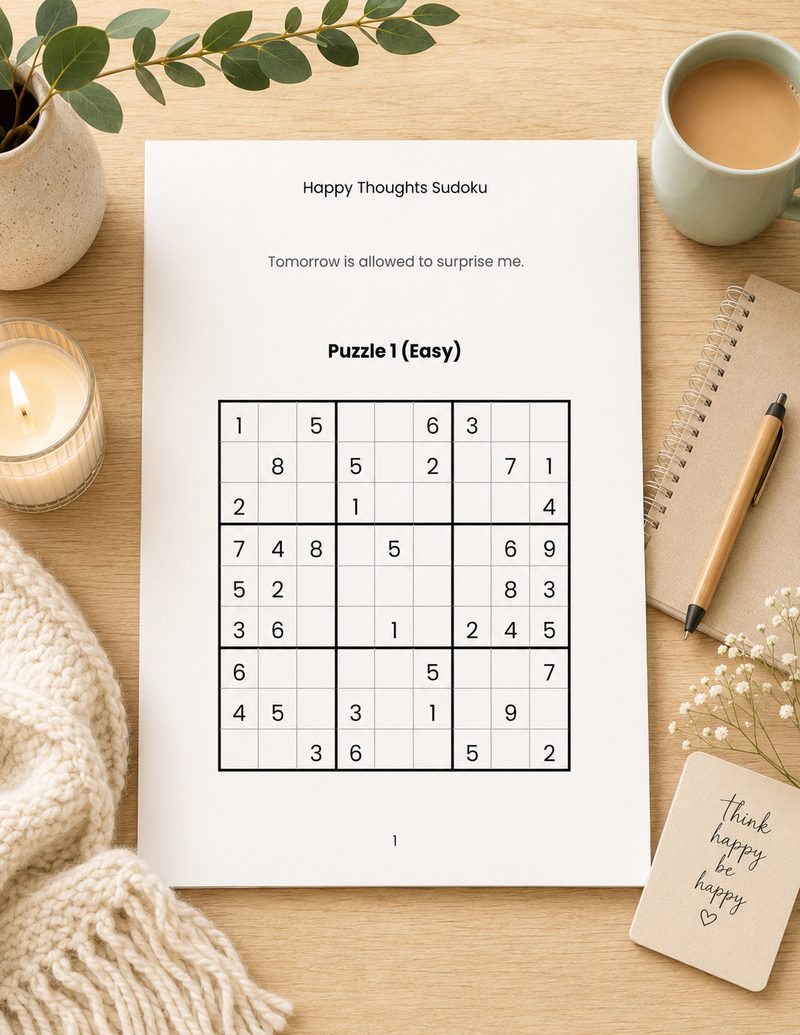 Happy Thoughts Sudoku open to a puzzle page in a cozy setting