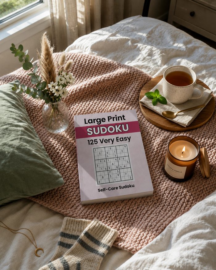 Self-Care Sudoku book in a cozy setting with candle and tea