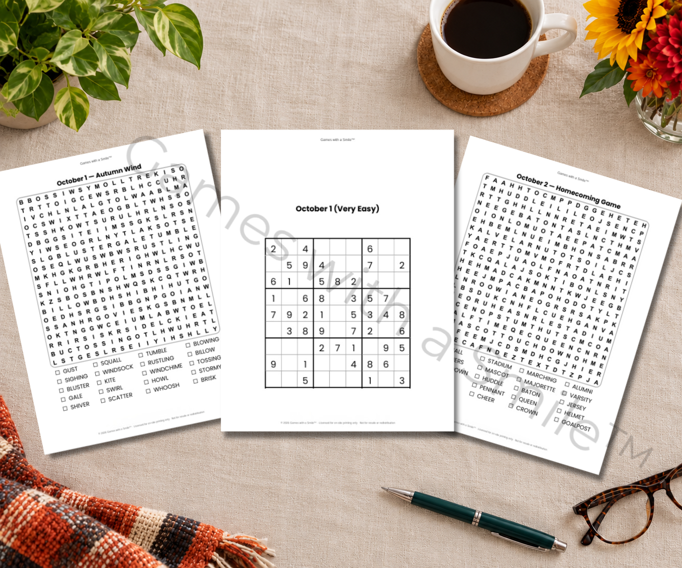 Printed daily puzzle sheets from a monthly pack: large print word searches with checkbox word lists and a very easy sudoku