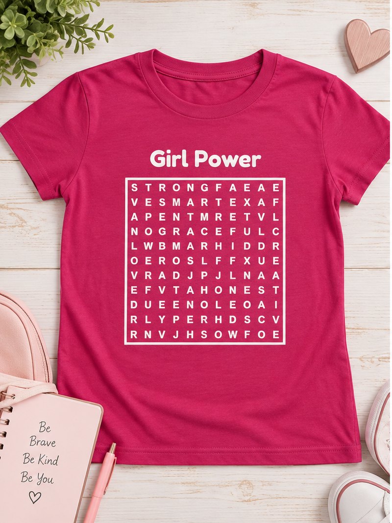 Girl Power word search t-shirt in pink with hidden words including STRONG, SMART and BRAVE