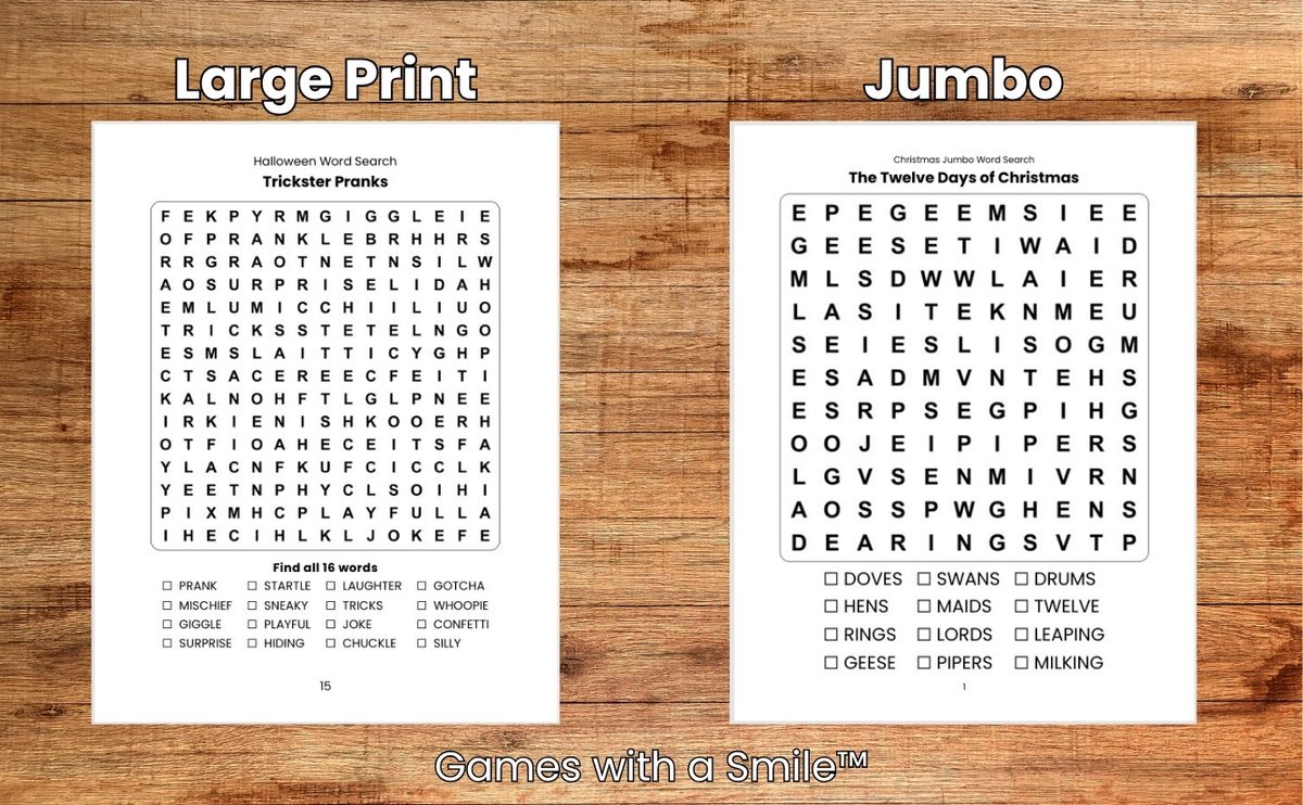 Side-by-side comparison of Large Print and Jumbo word search pages